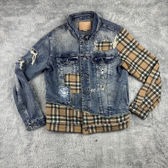Smoke Rise Other - Vtg Smoke Rise Jacket Men Medium Denim Jean Flannel Grunge Distressed Y2K